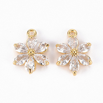 Brass Clear Cubic Zirconia Pendants, Flower, Real 18K Gold Plated, 15x11x5mm, Hole: 1.4mm