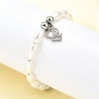 304 Stainless Steel Dog Charm Bracelets for Women, with Plastic Imitation Pearl Beads, Stainless Steel Color, 7 inch(17.7cm)