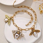 Alloy Crystal Rhinestone Bees Pendant Bib Pendant Necklaces with Imitation Pearl, White, Golden, 15.75 inch(40cm)(FS-WGD3FB1-01)