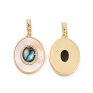 Brass Paua Shell & White Shell Pendants, with Micro Pave Cubic Zirconia, Oval Charms, Real 18K Gold Plated, 21.5x15.5x3mm, Hole: 4x2.5mm(KK-E068-VC122)
