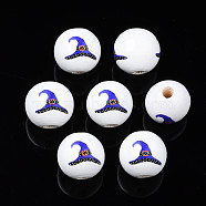 Halloween Printed Natural Wood Beads, Round with Witch Cap, Medium Blue, 15.5x14.5mm, Hole: 4mm(WOOD-S057-077)