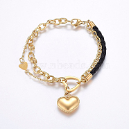 304 Stainless Steel Link & Charm Bracelets, with Lobster Claw Clasps and Leather Cord, Heart, Golden, 8-1/4 inch(21cm), 2~15mm(BJEW-F335-04G)
