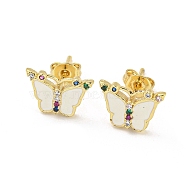 Butterfly Real 18K Gold Plated Brass Stud Earrings, with Enamel and Cubic Zirconia, White, 8x11.5mm(EJEW-L269-099G-01)