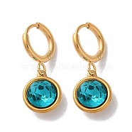 PVD Vacuum Plating 304 Stainless Steel Hoop Earrings, with Rhinestone, Flat Round, Blue Zircon, 26x10.5mm(EJEW-C106-02G-05)