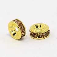 Brass Grade A Rhinestone Spacer Beads, Golden Plated, Rondelle, Nickel Free, Lt.Col.Topaz, 6x3mm, Hole: 1mm(RSB036NF-05G)
