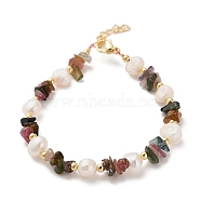 Natural Tourmaline Chip Beaded Bracelets for Women, with Natural Freshwater Pearls and Brass Findings, Inner Diameter: 7-1/2 inch(19cm)(BJEW-F478-02B)