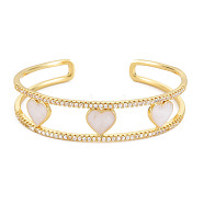 Clear Cubic Zirconia Heart Open Cuff Bangle with Enamel, Real 18K Gold Plated Brass Jewelry for Women, Cadmium Free & Lead Free, WhiteSmoke, Inner Diameter: 1-7/8x2-3/8 inch(4.8x5.9cm)(BJEW-S141-017)