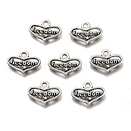 Tibetan Style Zinc Alloy Charms, Heart with Word Freedom, Lead Free & Cadmium Free, Antique Silver, 12x17x2mm, Hole: 2.5mm, about 500pcs/500g(TIBEP-R334-304AS-RS)