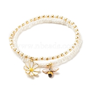 2Pcs Glass Seed Beaded Stretch Bracelets Set, Alloy Enamel Bees & Flower Charm Bracelet for Women, White, Inner Diameter: 2-1/8~2-1/4 inch(5.5~5.6cm), 1Pc/style(BJEW-JB08088-03)