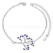 SHEGRACE Brass Link Anklets, with Epoxy Resin and Cable Chains, Tree, Platinum, Dark Blue, 8-1/4 inch(21cm)(JA128F)