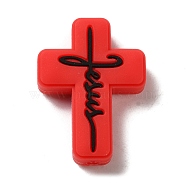 Silicone Beads, Cross with Word Jesus, Red, 30x22x8mm, Hole: 2.5mm(SIL-Z010-01C)