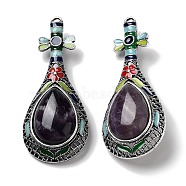 Tibetan Style Alloy Brooches, with Natural Amethyst and Eneml, Antique Silver, 66x27.5x18mm, Hole: 8.4x4.2mm(JEWB-A021-04AS-08)