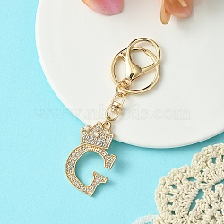 Golden Alloy Rhinestone Keychain, with Alloy Clasp and Iron Rings, Letter G, 10cm, Pendant: 44mm(KEYC-YW00105-07)