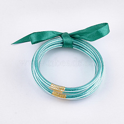 PVC Plastic Buddhist Bangle Sets, Jelly Bangles, with Glitter Powder and Polyester Ribbon, Dark Turquoise, 2-1/2 inch(6.3cm), 5pcs/set(BJEW-T008-09P)