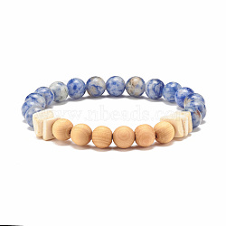 Natural Blue Spot Jasper & Wood Beaded Stretch Bracelet, Gemstone Jewelry for Women, Cornflower Blue, Inner Diameter: 2-1/4 inch(5.8cm)(BJEW-JB07806)