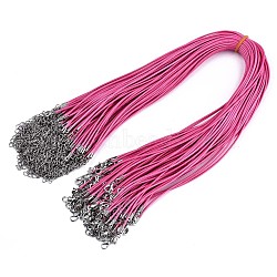 Waxed Cotton Cord Necklace Making, with Alloy Lobster Claw Clasps and Iron End Chains, Platinum, Hot Pink, 17.12 inch(43.5cm), 1.5mm(MAK-S034-010)