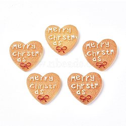Christmas Theme Resin Decoden Cabochons, for Jewelry Making, Heart Shaped Biscuit with Word Marry Christmas, Imitation Food , Orange, 22x23x4mm(RESI-CJC0001-37C)
