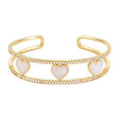 Clear Cubic Zirconia Heart Open Cuff Bangle with Enamel, Real 18K Gold Plated Brass Jewelry for Women, Cadmium Free & Lead Free, WhiteSmoke, Inner Diameter: 1-7/8x2-3/8 inch(4.8x5.9cm)(BJEW-S141-017)