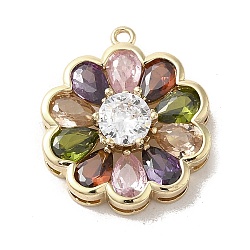 Brass Micro Pave Clear Cubic Zirconia Pendants, with Glass, Long-Lasting Plated, Flower, Colorful, 22x19x6.5mm, Hole: 1.4mm(KK-M275-46G)