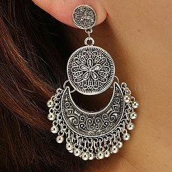 Ethnic Style Alloy Chandelier Earrings, Moon with Flat Round, Antique Silver, 70x45mm(FS-WGE515C-02)