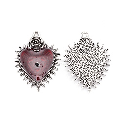 Baroque Style Alloy Red Enamel Pendants, Rose with Heart, Antique Silver, 32.5x25x3.5mm, Hole: 1.6mm(ENAM-CJC0010-14)