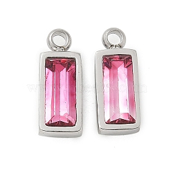 304 Stainless Steel Charm, with Glass, Rectangle, Hot Pink, 11x4.5x3.5mm, Hole: 1.4mm(STAS-L022-242P-04)