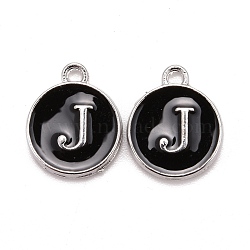 Platinum Plated Alloy Charms, Cadmium Free & Lead Free, with Enamel, Enamelled Sequins, Flat Round with Letter, Letter.J, 14x12x2mm, Hole: 1.5mm(ENAM-S118-02J-P)