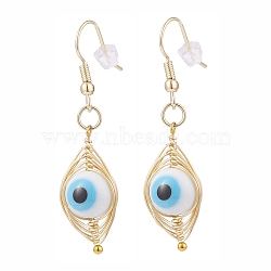 Round Lampwork Evil Eye Braided Dangle Earrings, Brass Wire Wrap Jewelry for Women, Golden, White, 46~47mm, Pin: 0.8mm(EJEW-JE04898-01)