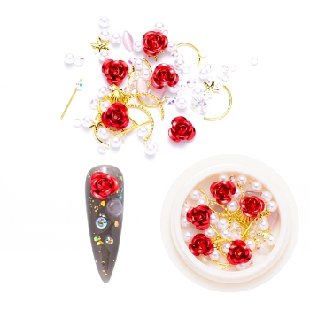 Nail Art Decoration Accessories, with Resin & Golden Tone Brass Cabochons & ABS Plastic Imitation Pearl Beads & Aluminium Flower, Mixed Shapes, Red, 2~12x1~12x0.5~4mm