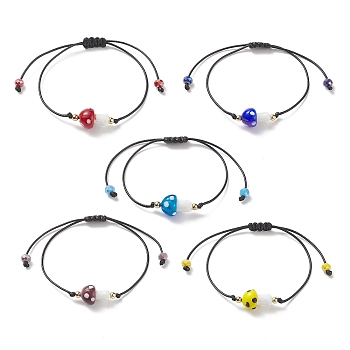5Pcs 5 Color Lampwork Mushroom Braided Bead Bracelets, Adjustable Stackable Bracelets for Women, Mixed Color, Inner Diameter: 2-1/2 inch(6.5cm), 1Pc/color