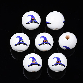 Halloween Printed Natural Wood Beads, Round with Witch Cap, Medium Blue, 15.5x14.5mm, Hole: 4mm