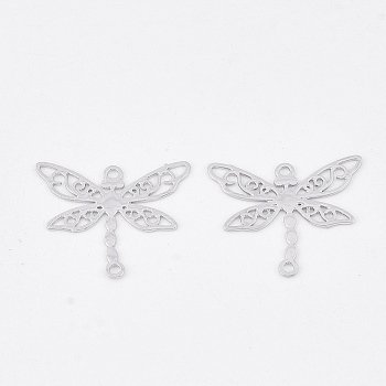 Brass Links connectors, Etched Metal Embellishments, Long-Lasting Plated, Dragonfly, Platinum, 13x15x0.3mm, Hole: 1mm