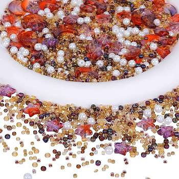 2 Bag Glass & Seed Beads, with Glitter Powder, Imitation Pearl & Transparent & Inside Colours, Moon & Star & Round, Saddle Brown, 2~16x2~11.5mm, Hole: 0.8~1.2mm