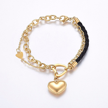 304 Stainless Steel Link & Charm Bracelets, with Lobster Claw Clasps and Leather Cord, Heart, Golden, 8-1/4 inch(21cm), 2~15mm