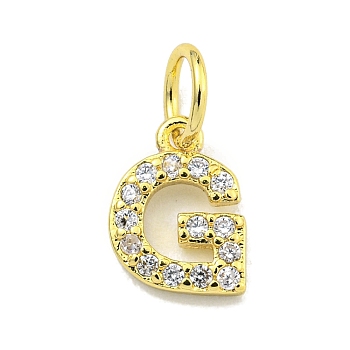 Letter Brass Micro Pave Clear Cubic Zirconia Pendants, Jump Ring, Real 18K Gold Plated, Letter G, 8.9x6.8x1.8mm, Jump Ring: 5x0.9mm, Hole: 3.5mm
