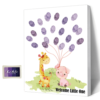 Canvas Fingerprint Painting, with Wood Frame and 1 Box Four Color Printing Mud and 2Pcs Traceless Nail, Pig, 24.5x19.5cm
