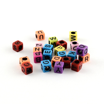 Mixed Letters Opaque Acrylic Cube Beads, Horizontal Hole, Mixed Color, 6x6x6mm, Hole: 3mm, about 3100pcs/500g