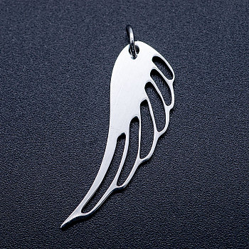 201 Stainless Steel Pendants, with Unsoldered Jump Rings, Wing, Stainless Steel Color, 31x11x1mm, Hole: 3mm, Jump Ring: 5x0.8mm