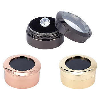 3Pcs 3 Colors Alloy & Stainless Steel Loose Diamond Boxes, Flat Round with Clear Glass Window and Sponge Inside, for Jewelry Cabochons Displays, Mixed Color, 3.2~3.25x1.6~1.65cm, 1pc/color