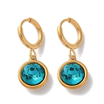 PVD Vacuum Plating 304 Stainless Steel Hoop Earrings, with Rhinestone, Flat Round, Blue Zircon, 26x10.5mm