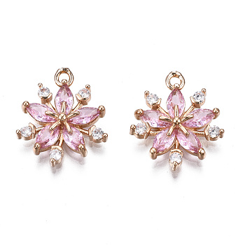Brass Micro Pave Clear Cubic Zirconia Pendants, with Glass, Light Gold, Long-Lasting Plated, Cadmium Free & Lead Free, Flower, Pearl Pink, 18x15x3.5mm, Hole: 1.6mm