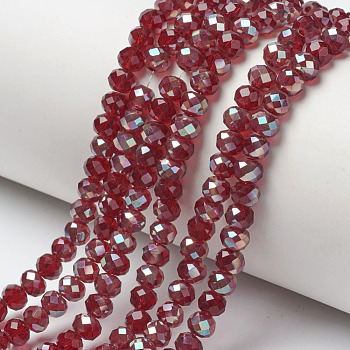 Electroplate Glass Beads Strands, Half Plated, Rainbow Plated, Faceted, Rondelle, Dark Red, 4x3mm, Hole: 0.4mm, about 123~127pcs/strand, 16.5~16.9 inch(42~43cm)