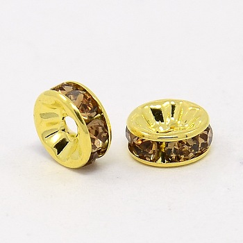 Brass Grade A Rhinestone Spacer Beads, Golden Plated, Rondelle, Nickel Free, Lt.Col.Topaz, 6x3mm, Hole: 1mm