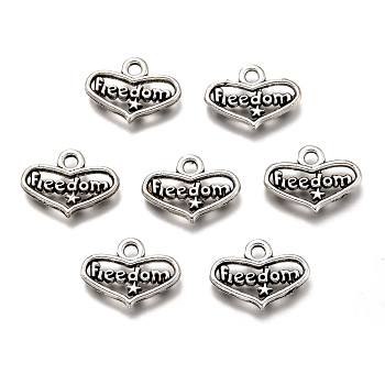 Tibetan Style Zinc Alloy Charms, Heart with Word Freedom, Lead Free & Cadmium Free, Antique Silver, 12x17x2mm, Hole: 2.5mm, about 500pcs/500g
