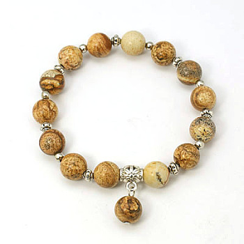 Fashion Gemstone Beaded Bracelets, Stretch Bracelets, with Antique Silver Alloy Beads, Picture Jasper, 55mm
