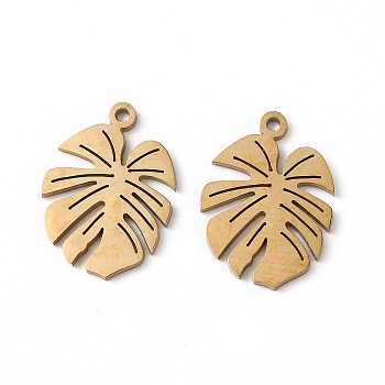 304 Stainless Steel Pendants, Tropical Leaf Charms, Real 18K Gold Plated, 15.5x11x1mm, Hole: 1mm