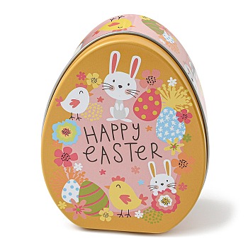 Easter Theme Cartoon Tinplate Gift Box, Egg Shape Candy Box, Egg & Rabbit Pattern Storage Box, Goldenrod, 8.9x11.4x4.4cm