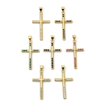 Brass Micro Pave Cubic Zirconia Pendants, Real 16K Gold Plated, Cross, Mixed Color, 31.5x19x2.5mm, Hole: 4x3.5mm
