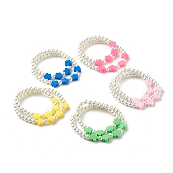 Flower Beads Stretch Bracelets Set for Children and Parent, Glass Pearl & Polymer Clay Beads Couple Bracelets, White, Mixed Color, Inner Diameter: 2.28 inch(5.8cm), Inner Diameter: 1.54 inch(3.9cm), 2pcs/set