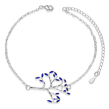 SHEGRACE Brass Link Anklets, with Epoxy Resin and Cable Chains, Tree, Platinum, Dark Blue, 8-1/4 inch(21cm)